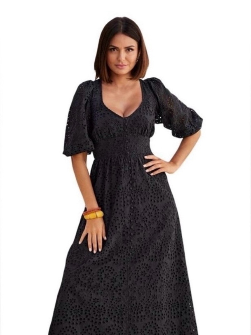 Boston Proper Black Eyelet Long Sleeve Midi Dress